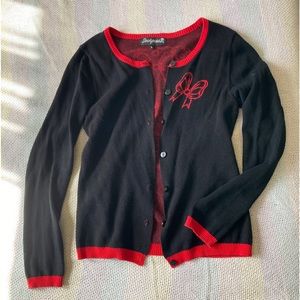 Sourpuss black red skull bow button up stretchy sweater cardigan punk gothic